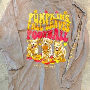 Simply Southern Tan Logo Long Sleeve Shirt fall dog motif. Youth large NWOT
